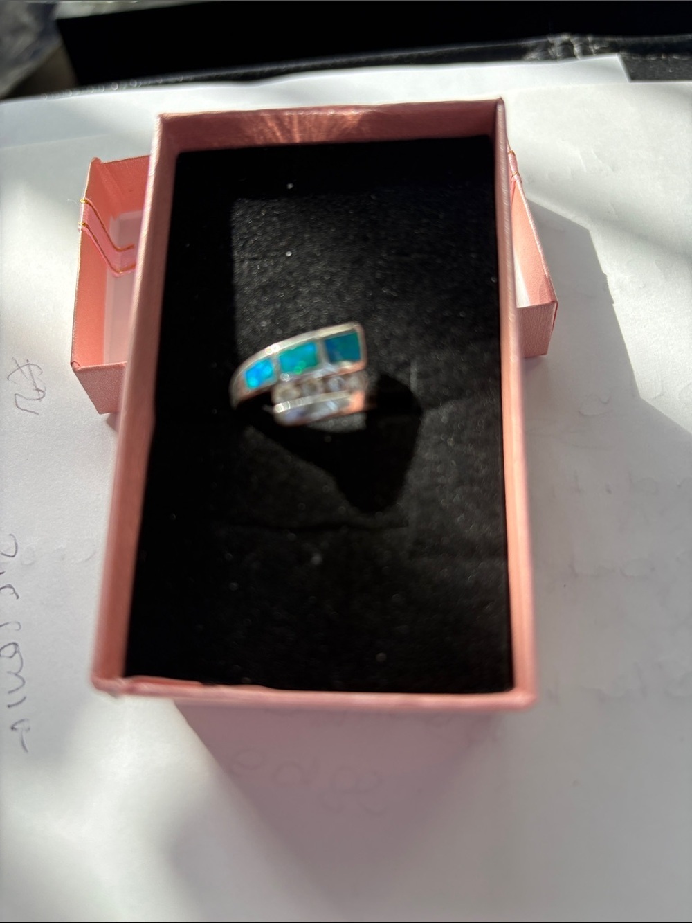 Vintage 925 Sterling Ring with Green/Blue Opal Inlay and Cubic Zirconia Ring - Picture 2 of 7